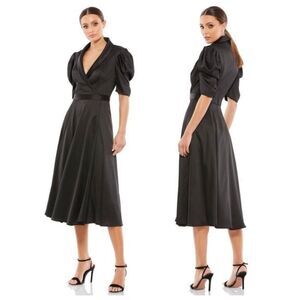 Mac Duggal 26628 Puff Sleeve V-neckline Satin Collared A-line Midi Size 14 $398